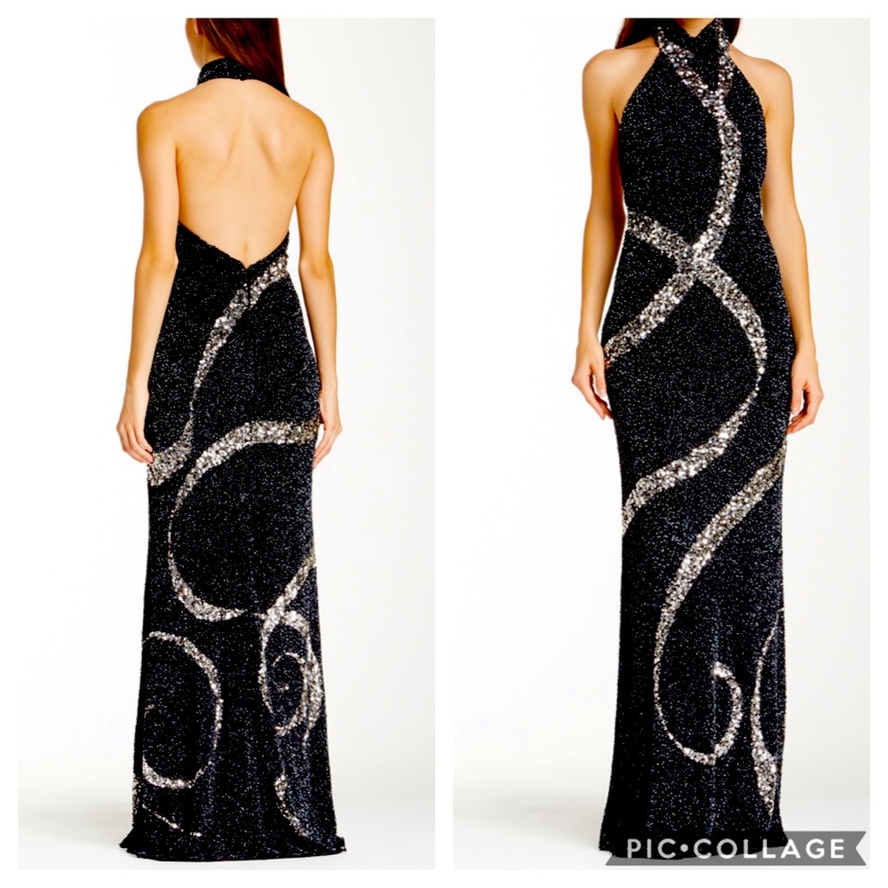 Theia sequins and beaded halter low back long gown
